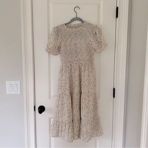 Cream Floral Western & Bohemian Short Sleeve Tiered Midi Dress